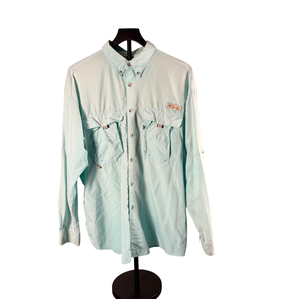 Columbia PFG Bahama II Long Sleeve Fishing Shirt Aqua Blue Mens Large Vented